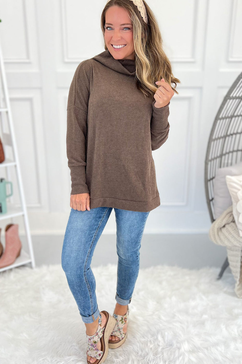 Dark Brown Turtleneck Ribbed Texture Knitted Drop Shoulder Pullover Loose Top