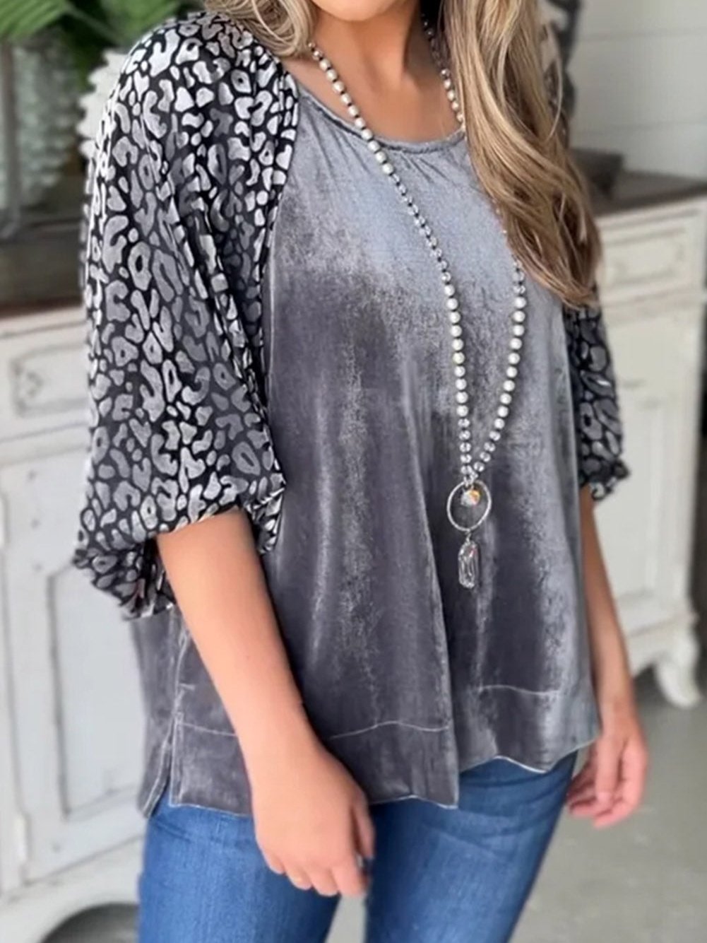Grey Leopard Velvet Lantern Sleeve Blouse