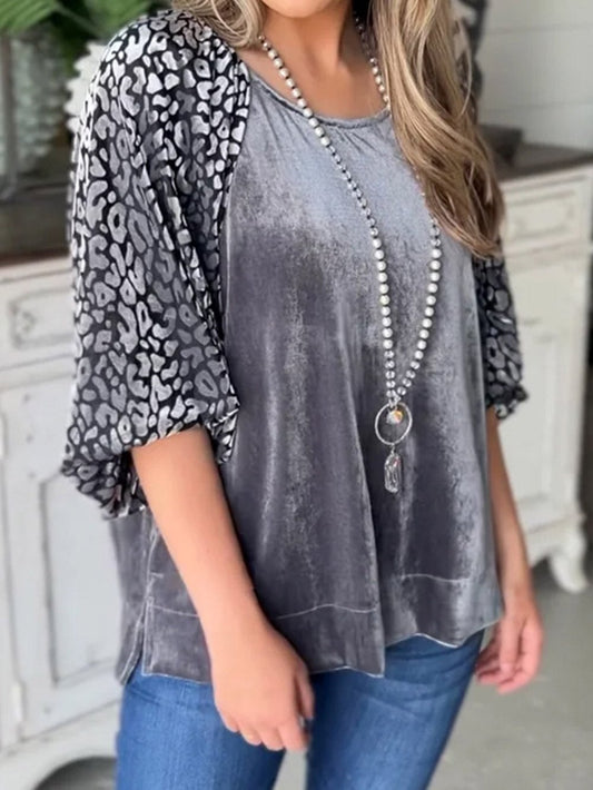 Grey Leopard Velvet Lantern Sleeve Blouse