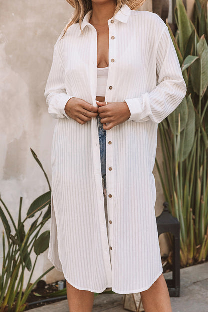 White Striped Crinkle Button Front Shirt Dress Cover-Up