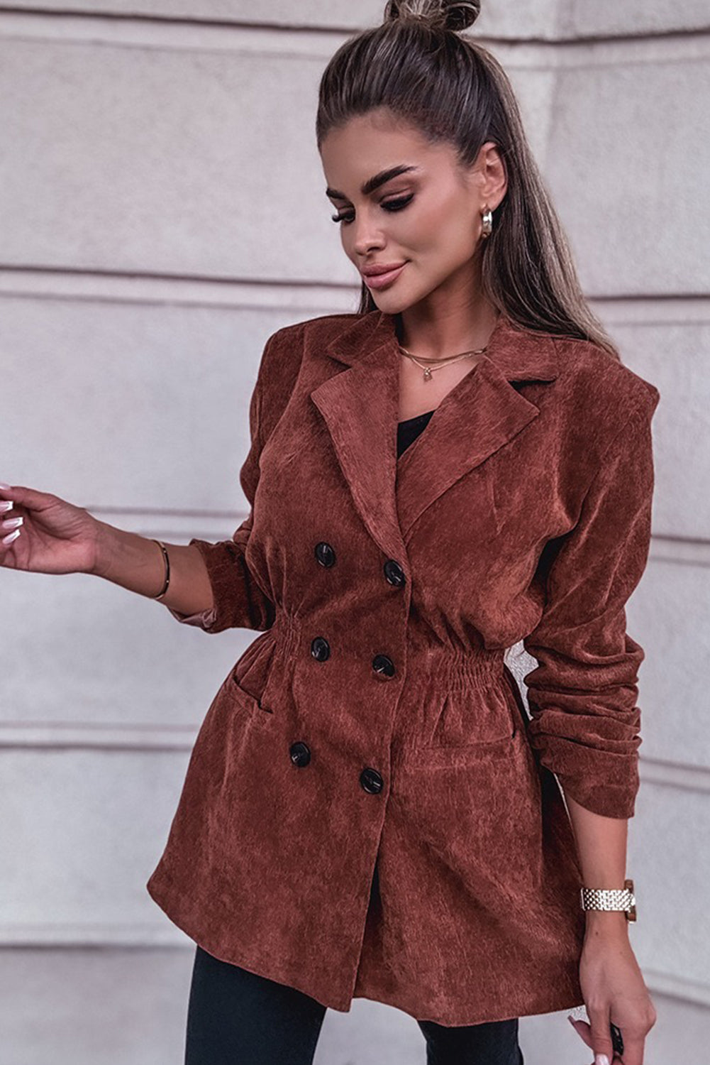 Coffee Corduroy Double Breasted Smocked Waist Blazer