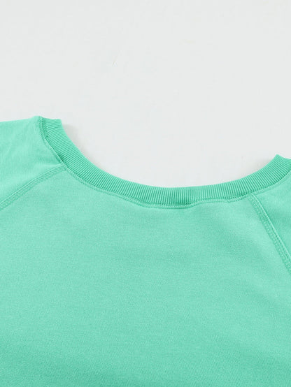 Green Crew Neck Long Sleeve Sweatshirt with Distressed Detail