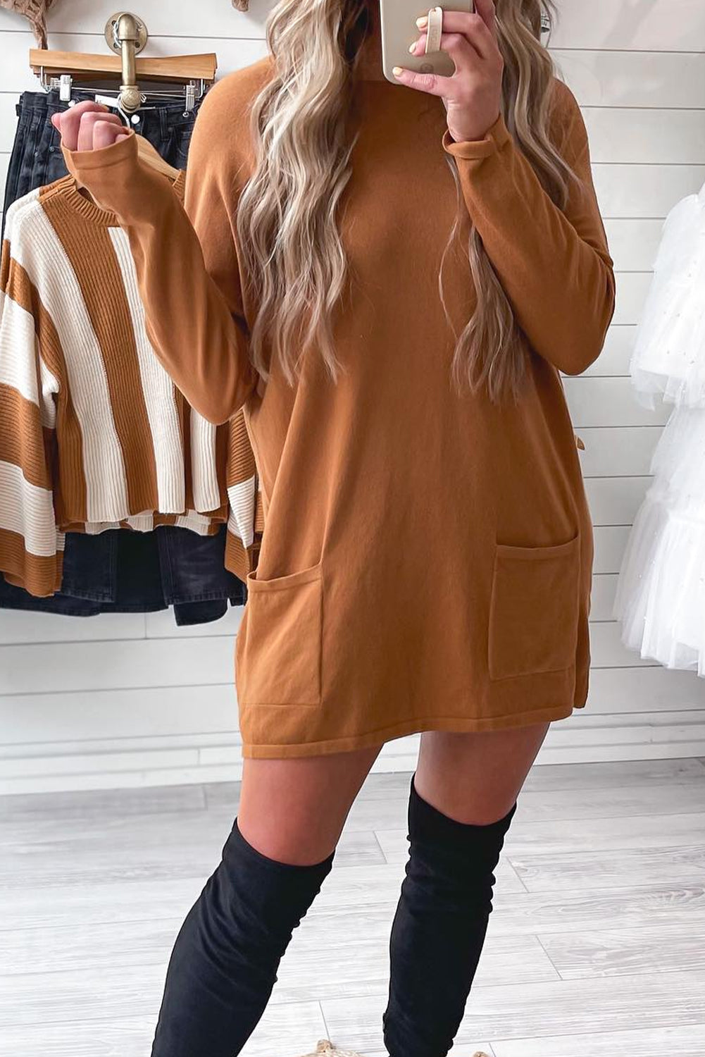 Chestnut Double Patch Pocket Drop Shoulder Long Sleeve Mini T Shirt Dress
