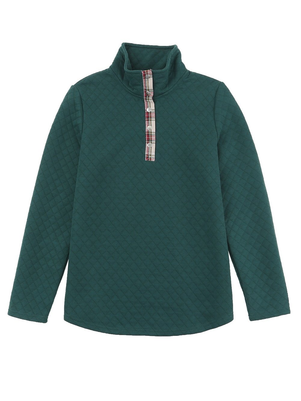 Green Plaid Trim Sweatshirt with Geometric Texture
