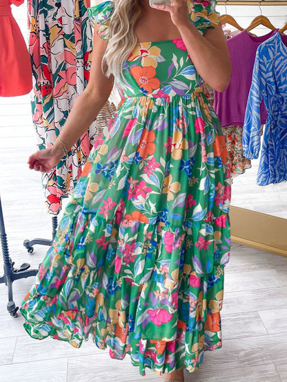 Green Plus Size Floral Smocked Back Tiered Maxi Dress