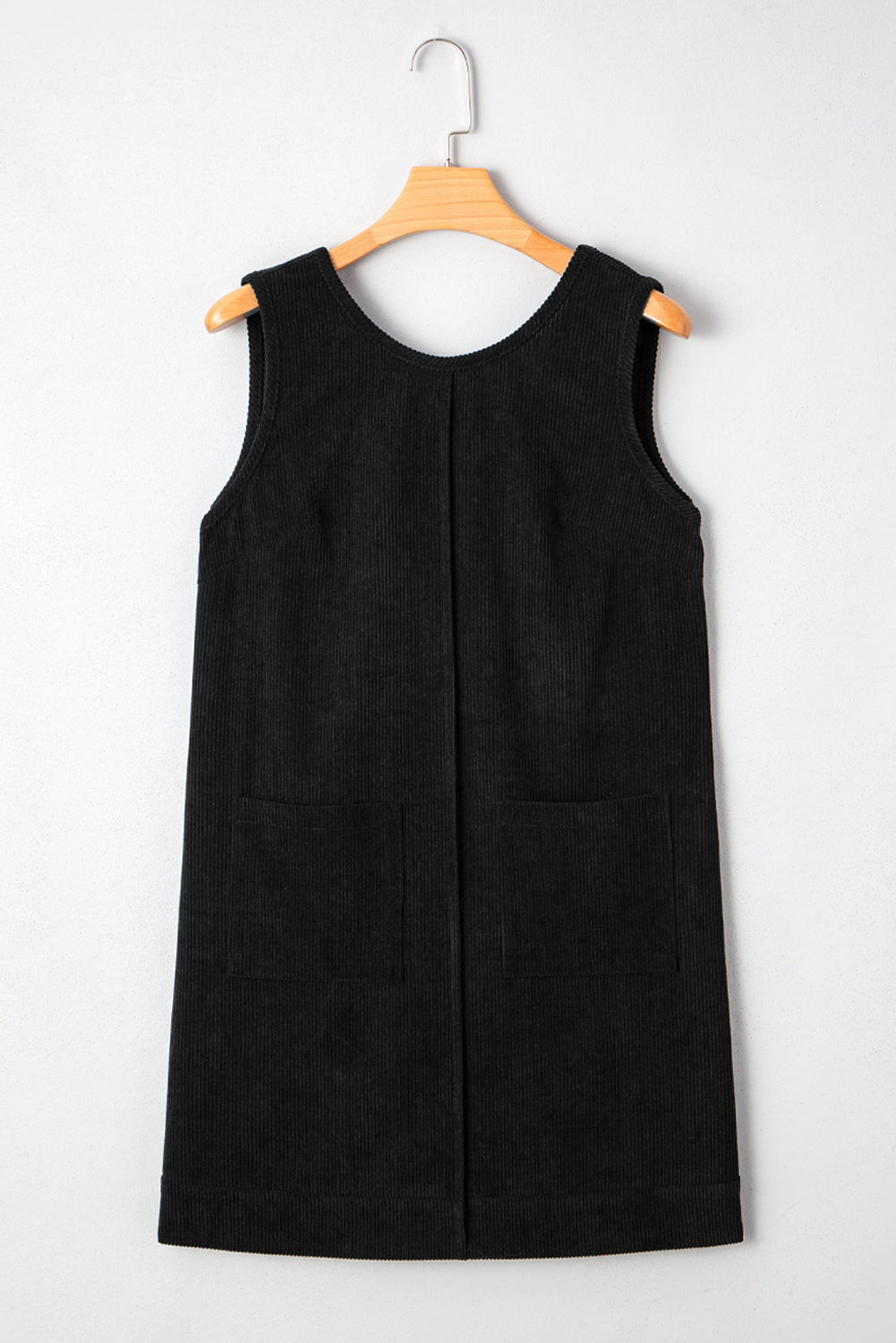 Black Plus Size Corduroy Solid Color Patch Pocket Sleeveless Mini Dress