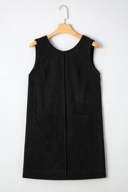Black Plus Size Corduroy Solid Color Patch Pocket Sleeveless Mini Dress