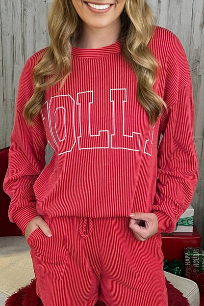 Racing Red Twisted Rib Outlined Merry Letter Graphic Loose Long Sleeve Top