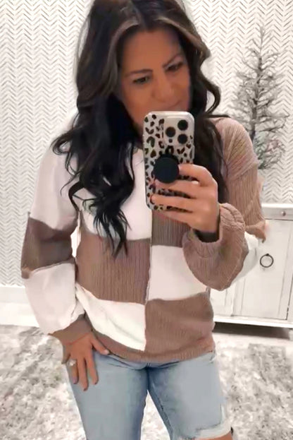 Dark Khaki Colorblock Checkered Raw Seamed Round Neck Knitted Jumper