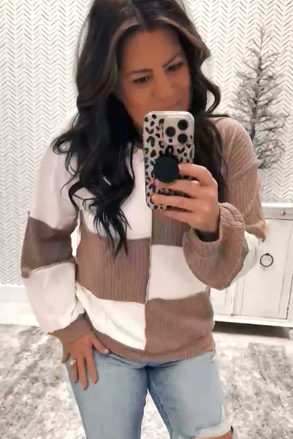 Dark Khaki Colorblock Checkered Raw Seamed Round Neck Knitted Jumper