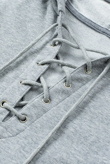 Grey Casual Solid Color Lace-up Hoodie
