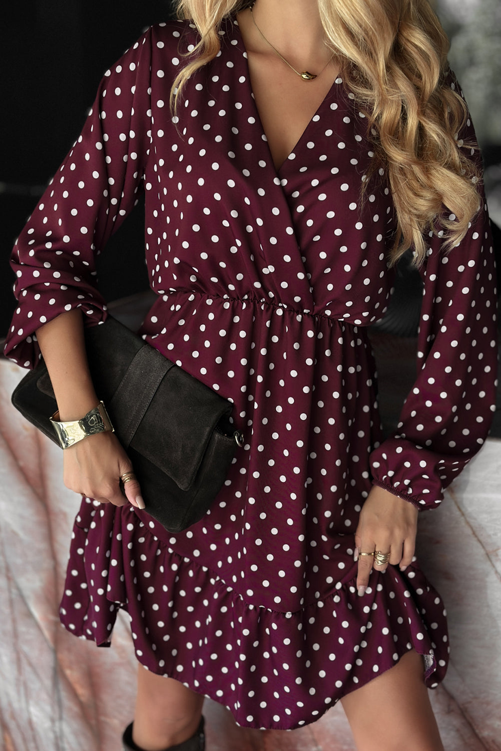 Violet Polka Dot Long Sleeve Wrap V Neck Ruffle Hem Mini Dress