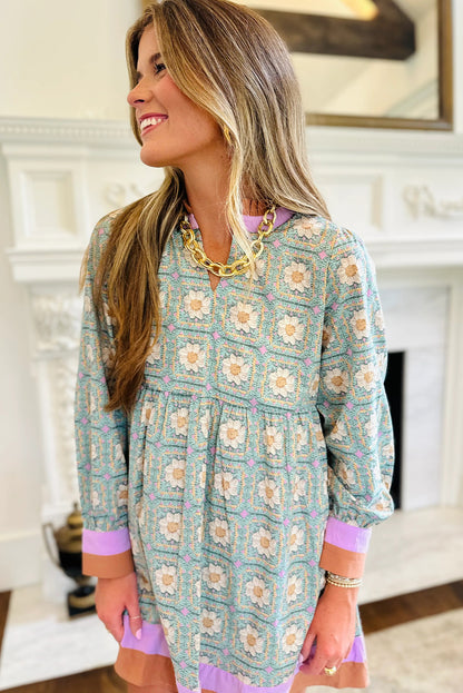 Green Geometric Floral Print Contrasted Striped Trim Long Sleeve Mini Dress