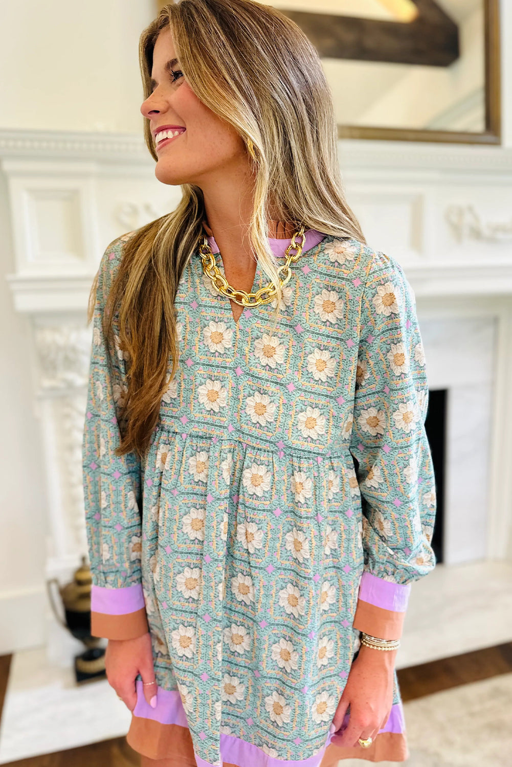 Green Geometric Floral Print Contrasted Striped Trim Long Sleeve Mini Dress