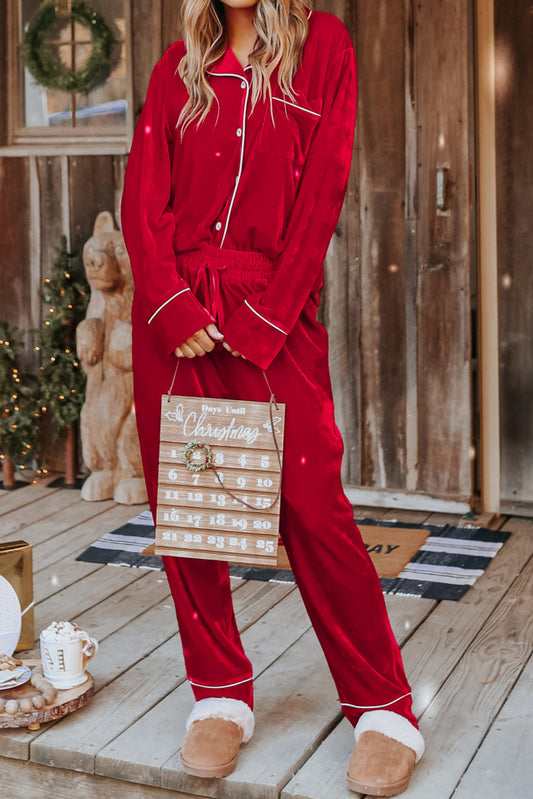 Racing Red Velvet Contrast Piping Trim Long Sleeve Shirt Drawstring Waist Pajama Set