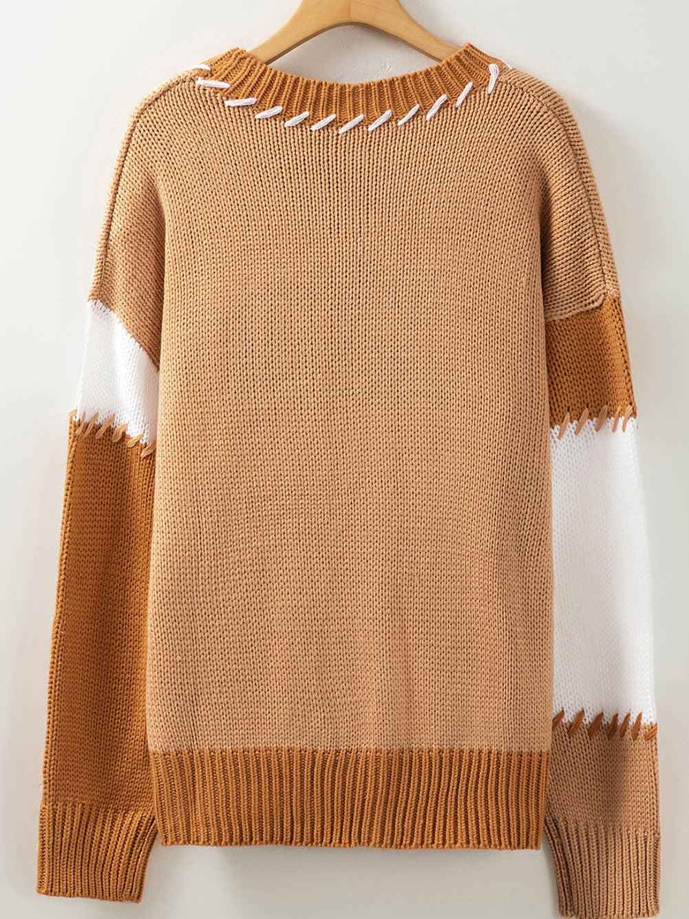 French Beige Patchwork Oversized Knit Sweater with Contrast Stitch