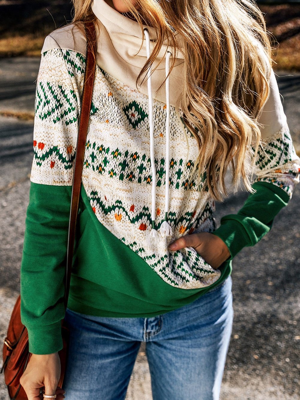 Green Geometric Patchwork Color Block Hoodie