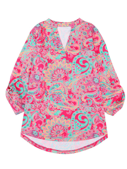 Rosy Paisley Print V Neck Shift Blouse for Plus Size Comfort