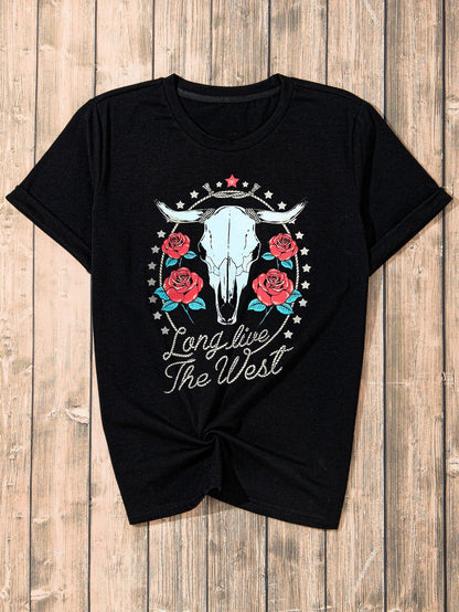 Floral Long Live The West Black Steer Head Graphic T-Shirt