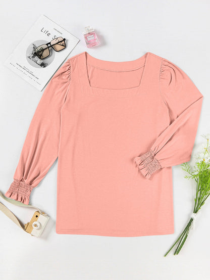 Pink Plus Size Square Neck Flounced Sleeve Top