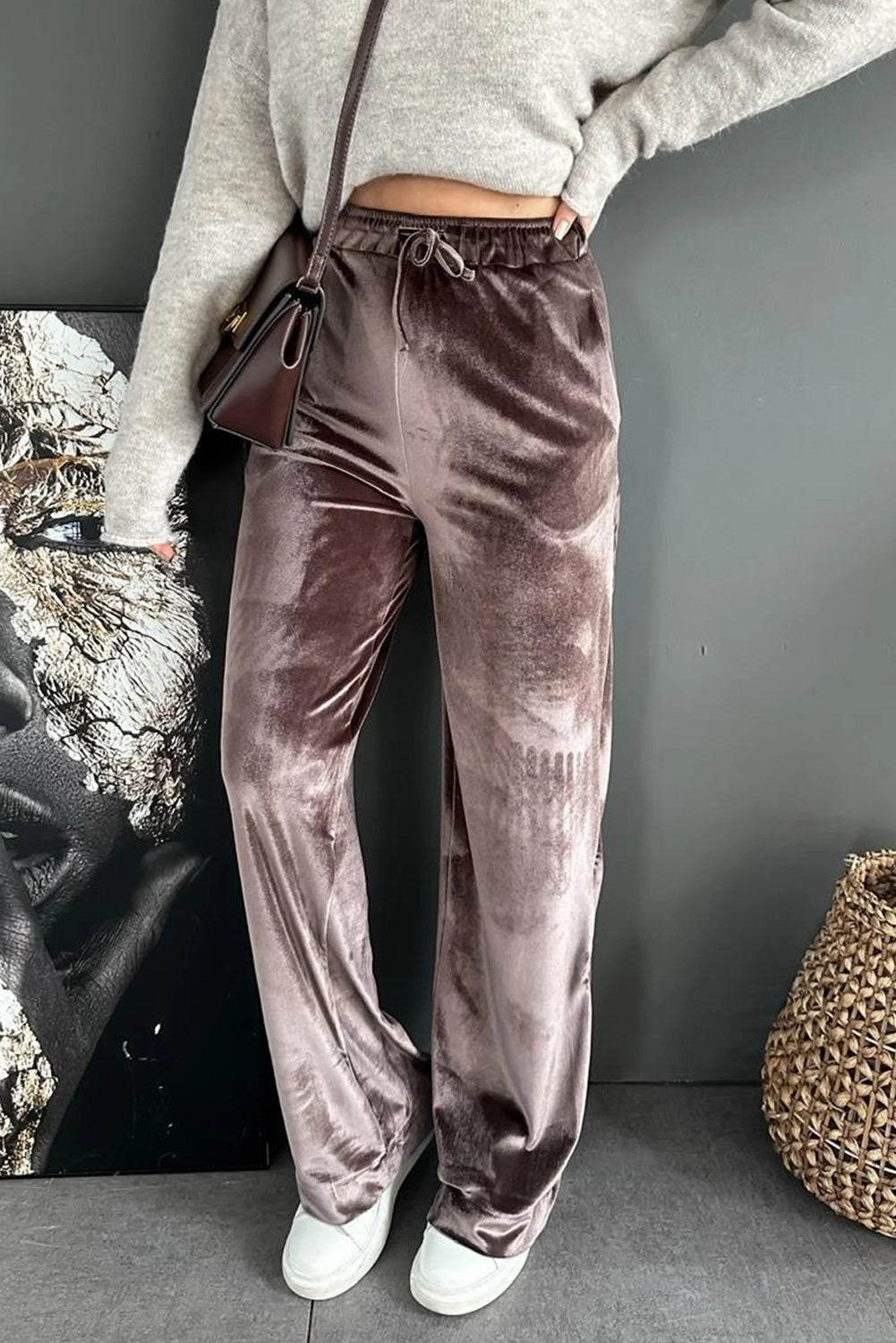 Goat Shiny Velvet Drawstring High Waist Straight Leg Casual Pants
