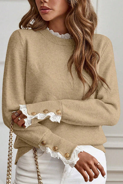 Light French Beige Lace Trim Patchwork Buttoned Cuffs Loose Sweater