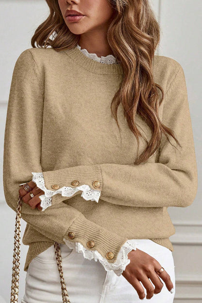 Light French Beige Lace Trim Patchwork Buttoned Cuffs Loose Sweater