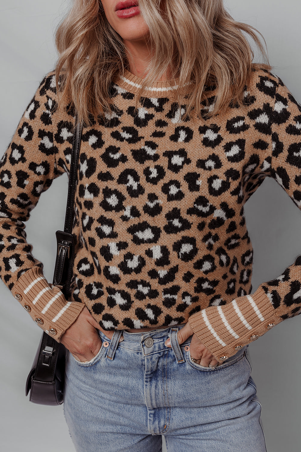 Brown Leopard Print Buttoned Sleeve Contrast Striped Edge Sweater