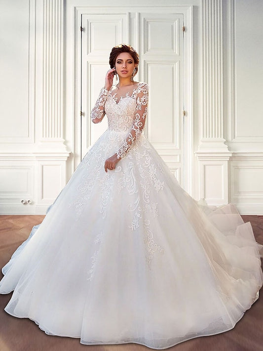 Engagement Formal Wedding Dresses Ball Gown Illusion Neck Long Sleeve Court Train Lace Bridal Gowns With Lace Appliques 2023 Summer Wedding Party, Women's Clothing - LuckyFash™