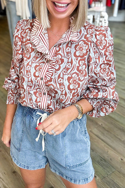 Sky Blue Floral Print Frilled Striped Trim Button Down Smocked Cuffs Long Sleeve Shirt