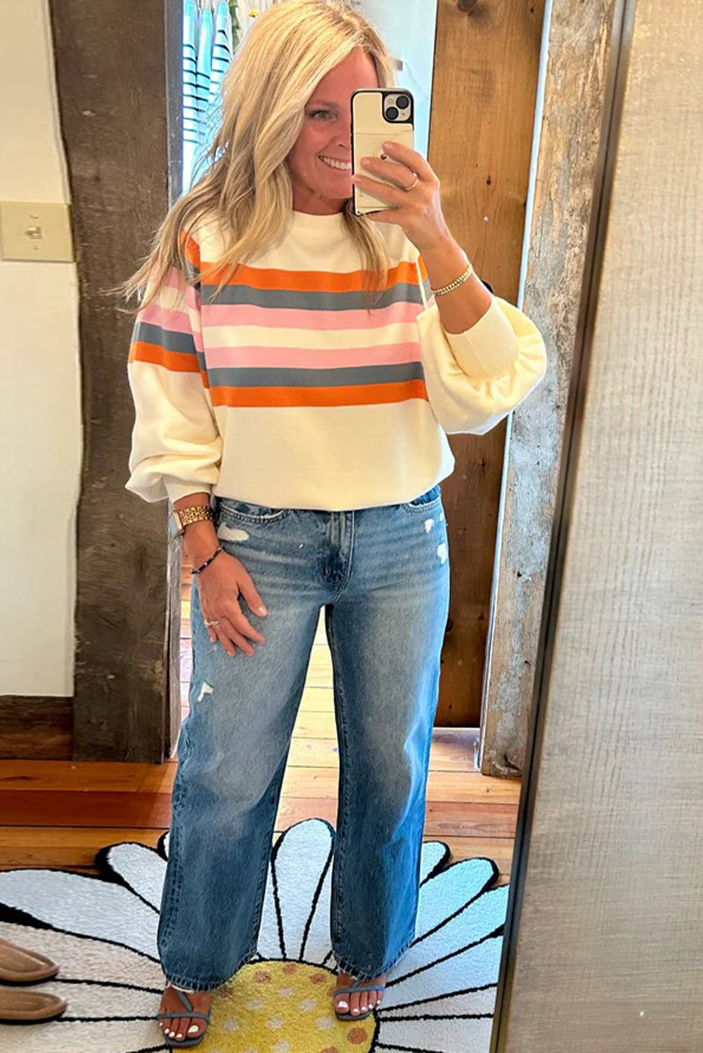 Beige Stripe Puff Sleeve Casual Pullover Sweatshirt