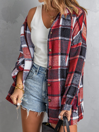 Fiery Orange Plaid Print Button-Up Shirt Jacket