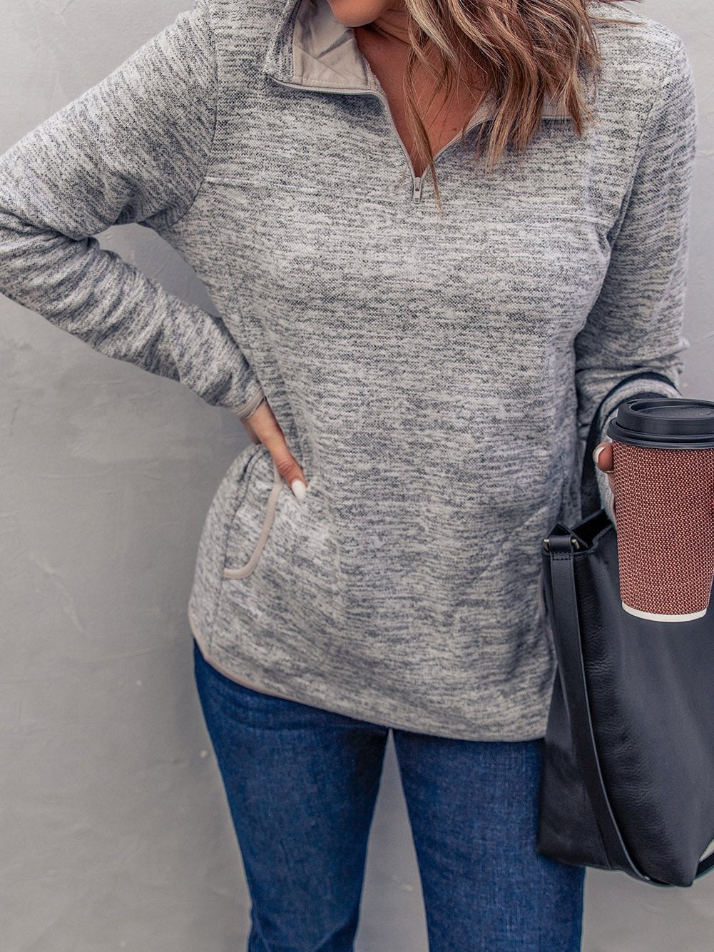 Heathered Gray Zip-Up Pullover with Kangaroo Pocket