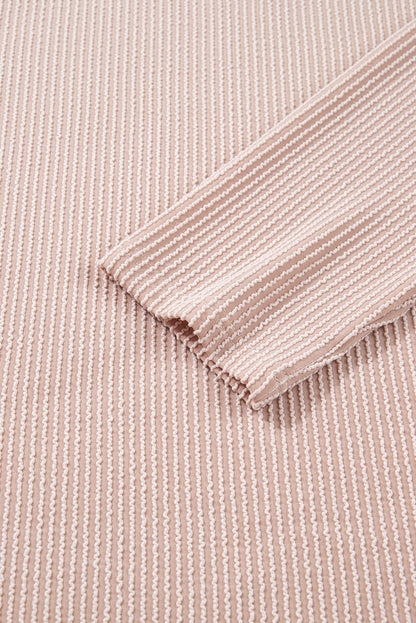 Beige Twist Ribbed Leopard Color Block Detail Drop Shoulder Long Sleeve Top