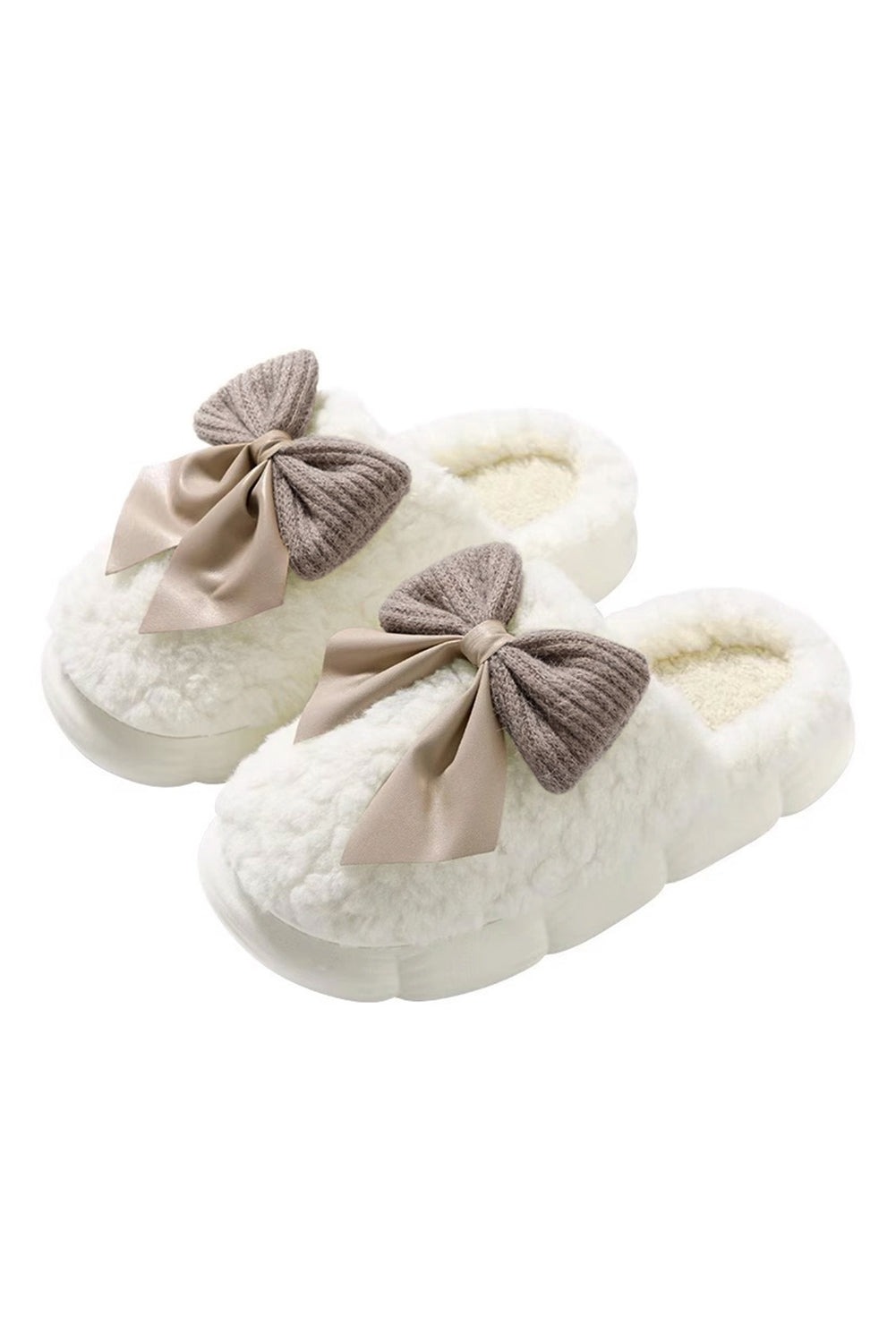 White Contrast Bowknot Applique Plush Winter Slippers (Bow Colors May Differ by Batch)