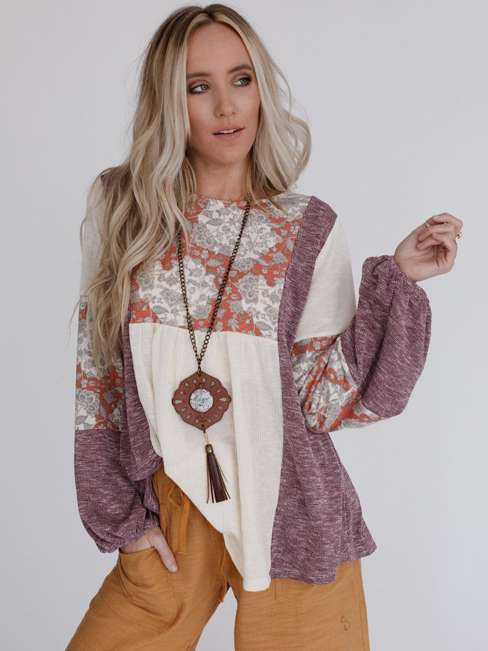 Floral Dream Bubble Sleeve Colorblock Knit Top