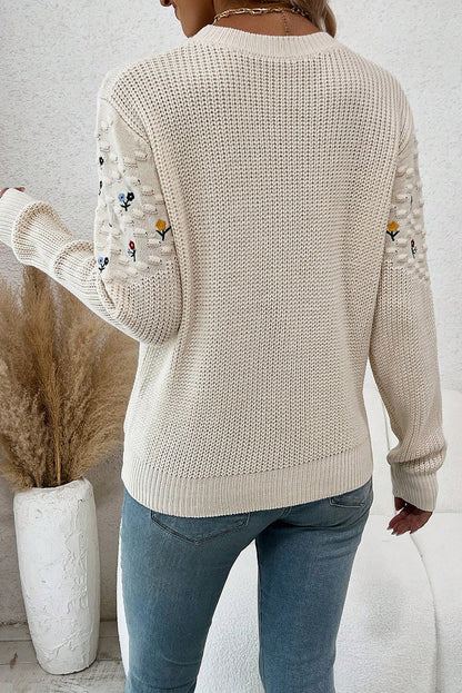 Jet Stream Mixed Texture Knit Flower Embroidered Detail Casual Sweater