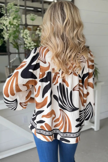 Brown Abstract Print Puff Sleeve Loose Blouse