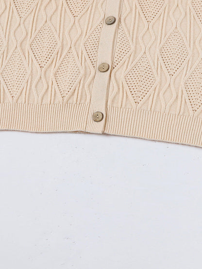 Elegant Apricot V-Neck Oversized Knit Cardigan with Button Detail