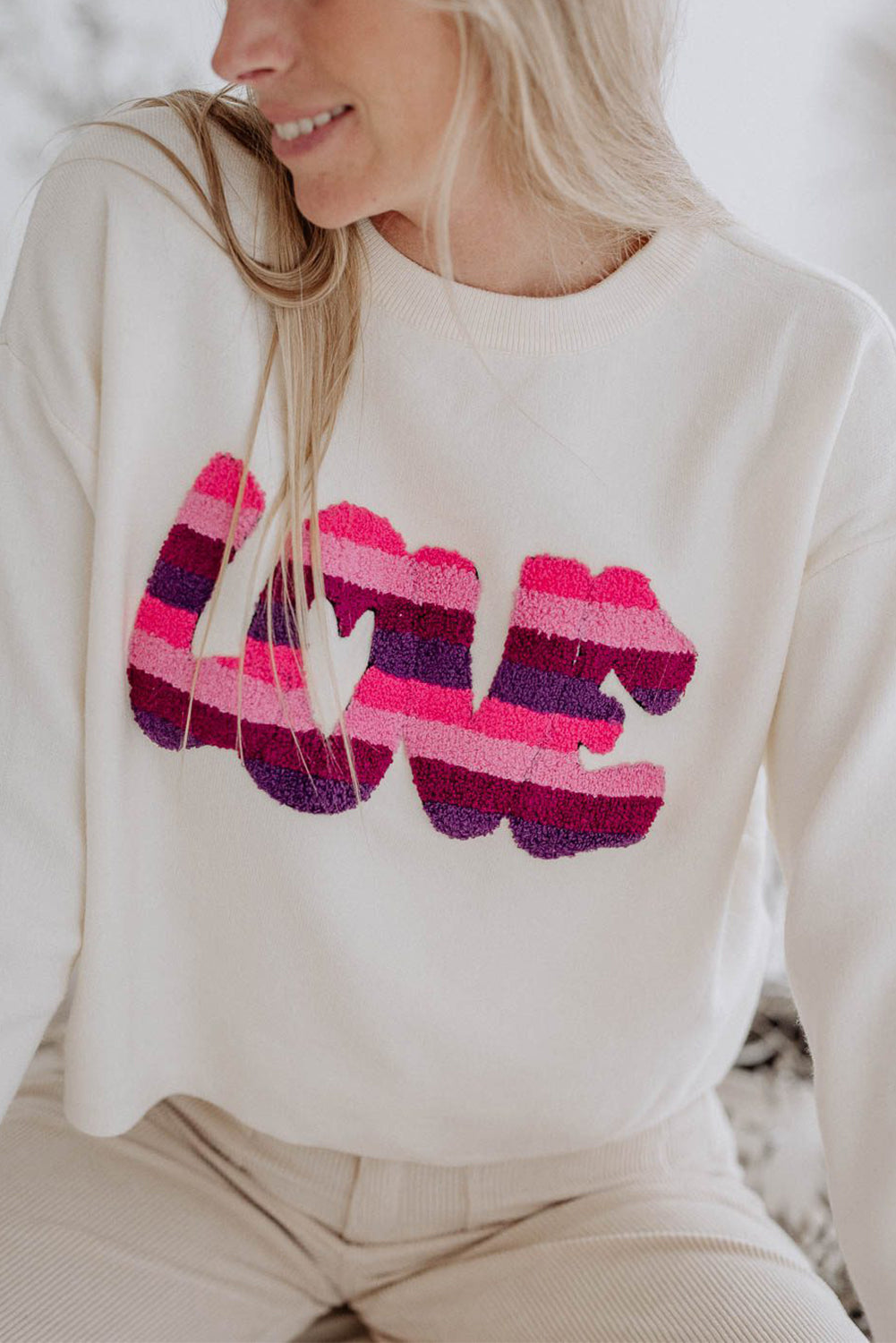 White LOVE Striped Chenille Letter Patched Sweaters