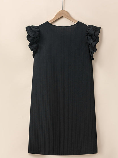 Black Ruffled Sleeve Rib Textured Plus Size Shift Dress
