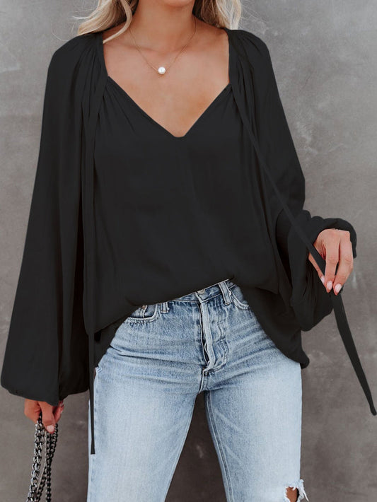 Elegant Black Satin V Neck Pleated Puff Sleeve Blouse