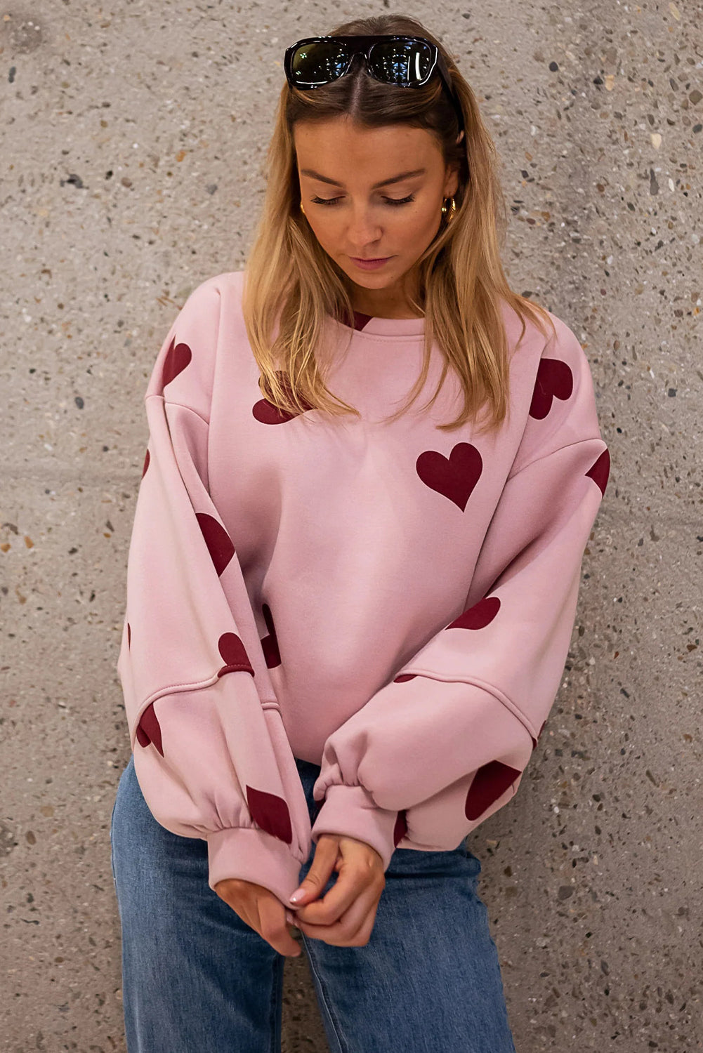 Pink Sweat Heart Print Patchwork Puff Sleeve Oversize Sweatshirt