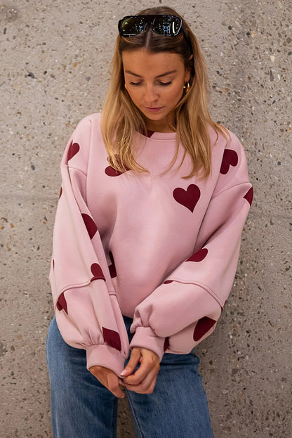 Pink Sweat Heart Print Patchwork Puff Sleeve Oversize Sweatshirt