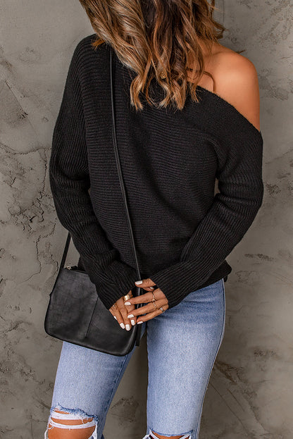 Elegant Off-The-Shoulder Black Knit Sweater