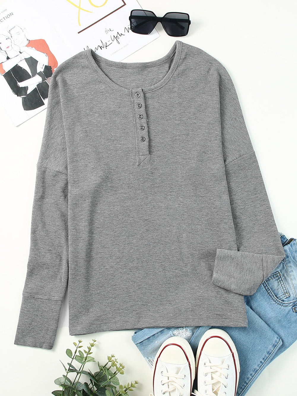 Elegant Black Waffle Knit Button-Up Top