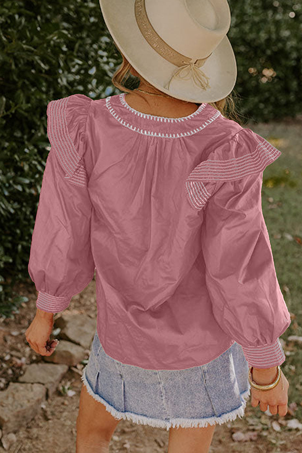 Pink Contrast Stitched Detail V Neck Ruffle Long Sleeve Blouse