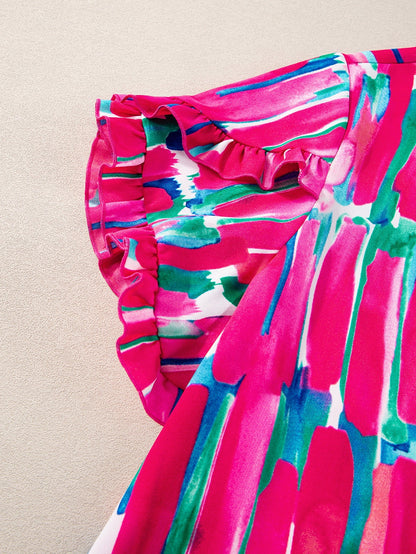 Rosy Abstract Print Ruffle Petal Sleeve Blouse for Curvy Queens