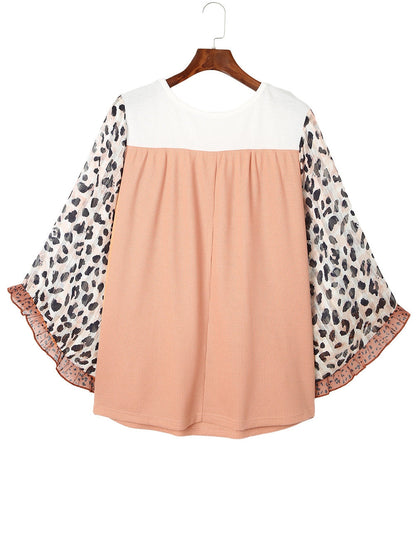 Leopard Print Ruffle Sleeve Color Block Top in Khaki