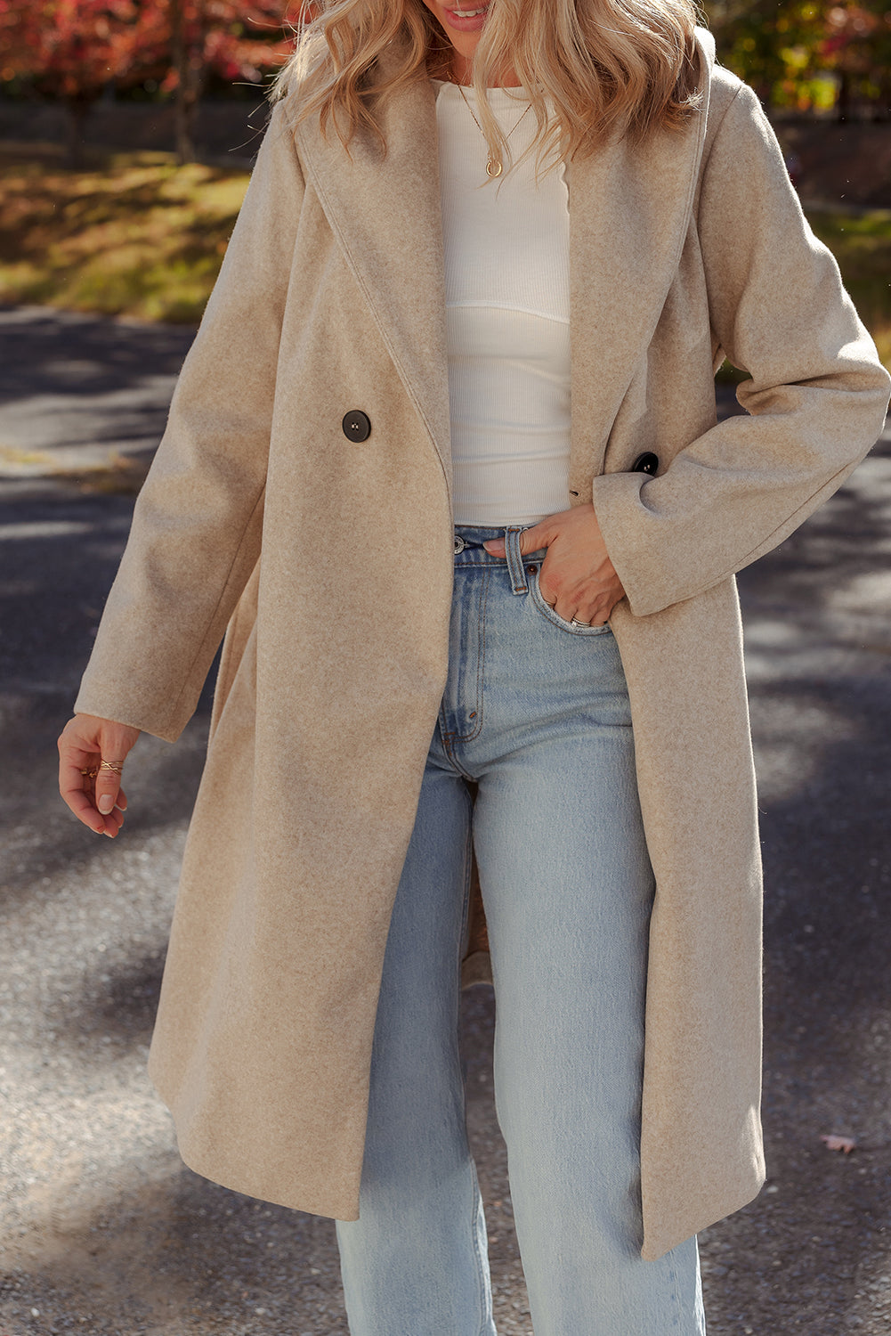 Oatmeal Lapel Collar Double Breasted Belted Overcoat